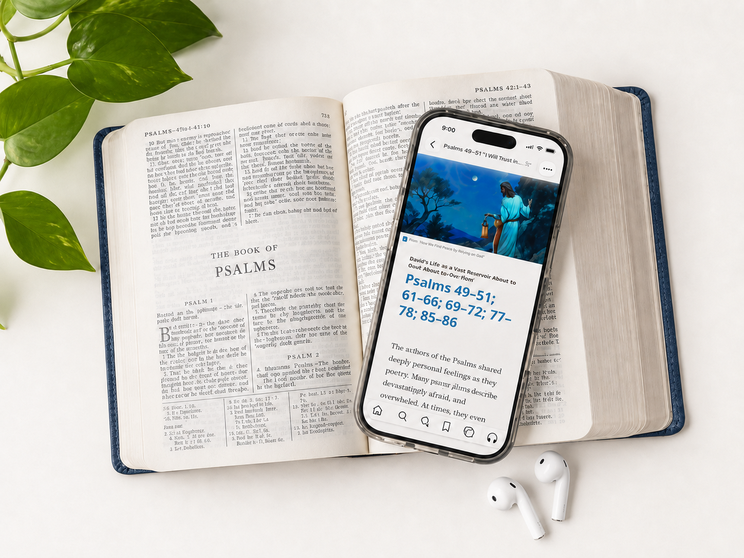 Open scriptures beside a phone displaying the Gospel Library app and white earbuds